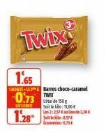 Twix  1.65  TACHETE-LE-Barres choco-caramel  0.73  S  1.2885  de 150g Soit le klo: 1,00€  Les 2:2,57 de 1,10€  commis:0,334 
