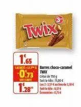 twix  1.65  tachete-le-barres choco-caramel  0.73  s  1.2885  de 150g soit le klo: 1,00€  les 2:2,57 de 1,10€  commis:0,334 