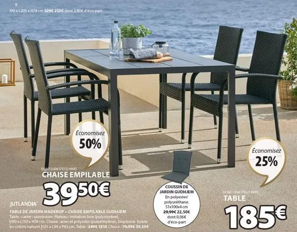 190 x l205 xh74 cm 329€ 250€ dont 2,80€ d'éco-part  dont 040e d'eco-part  chaise empilable  39.50€  jutlandia  table de jardin maderup+ chaise empilable gudhjem table:cadre aluminium. plateau: imitati