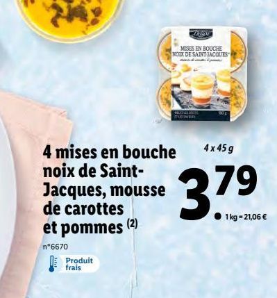 4 mises en bouche noix de Saint-Jacques, mousse de carottes et pommes