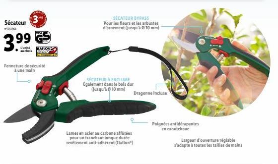 Sécateur  n°373763  99  L'uni au choix  3  Fermeture de sécurité à une main  VPA  LAFLON 205T  B  SÉCATEUR À ENCLUME Egalement dans le bois dur (jusqu'à 10 mm)  Lames en acier au carbone affûtées pour