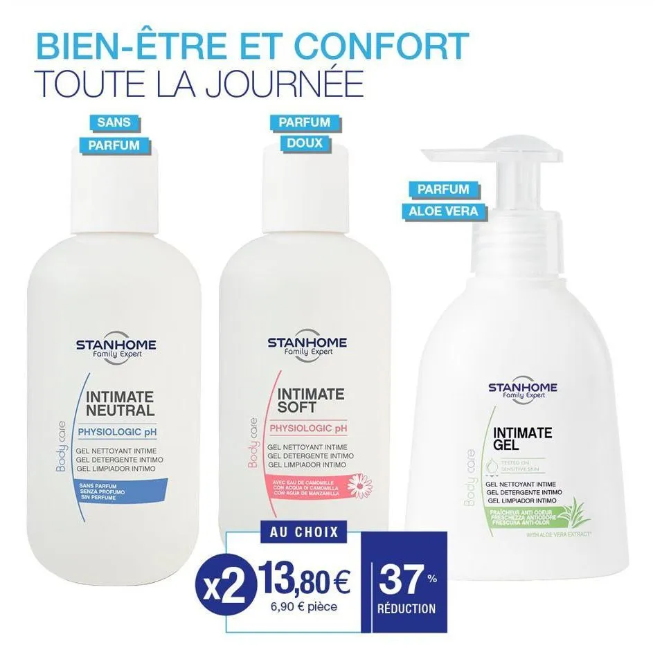 bien-être et confort toute la journée  body care  sans  parfum  stanhome family expert  intimate neutral  physiologic ph  gel nettoyant intime  gel detergente intimo gel limpiador intimo  sans parfum 