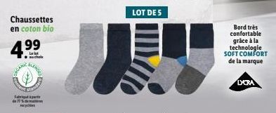 QAR  Chaussettes en coton bio  4,99  aucho  Ontent  bakticky  Standar  Fabr de 17% Hrycle  LOT DE S  Bord très confortable grâce à la technologie SOFT COMFORT de la marque  DORA 