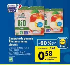 pommes ORIGINE  FRANCE  AB Fu  Vergers Gourmand  Bio  WINKE  Compote de pomme Bio sans sucres ajoutés  Le produit de 400 g: 1,46 €  (1 kg = 3,65 €)  Les 2 produits: 2,04 € (1kg - 2,55 €) soit l'unité 