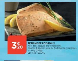 320  TERRINE DE POISSON (B) Noix de St Jacques à la bretonne (24), Saumon & Saumon fumé ou Truite fumée et amandes  2 x 60 g (120 g) Soit le kg: 26,67 € 