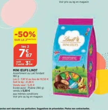 -50%  sur le 2  les 2  87  punité 394  mini ceufs lindt assortiment ou lait fondant  180 g  les 2:7,87 € au lieu de 10,50 €  soit le kg: 21,86 €  vendu seul: 5,25 €  existe aussi: praline (180 g) vend