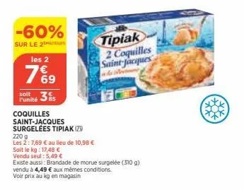 -60%  sur le 2  les 2  7%9  69  soit 35 l'unité  coquilles saint-jacques surgelées tipiak (23)  220 g  les 2:7,69 € au lieu de 10,98 €  soit le kg: 17,48 €  vendu seul: 5,49 €  existe aussi: brandade 