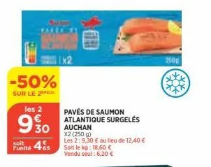 -50%  sur le 2  930  les 2 €  soit  1€  485  pavés de saumon atlantique surgelés auchan  x2 (250 g)  les 2:9,30 € au lieu de 12,40 € soit le kg: 18,60 € vendu seul: 6,20 €  2500 