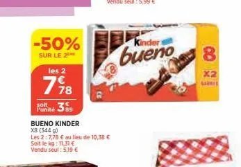 -50%  sur le 2  les 2  76/178  €  soit  punité 389  bueno kinder xb (344 g)  les 2:7,78 € au lieu de 10,38 € soit le kg: 11,31 € vendu seul: 5,19 €  kinder  8  x2  gar 