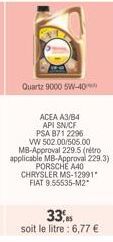 Quartz 9000 5W-40  ACEA A3/B4 API SN/CF  PSA 871 2296 VW 502.00/505.00 MB-Approval 229.5 (retro applicable MB-Approval 229.3) PORSCHE A40 CHRYSLER MS-12991" FIAT 9.55535-M2"  33,5 soit le litre : 6,77