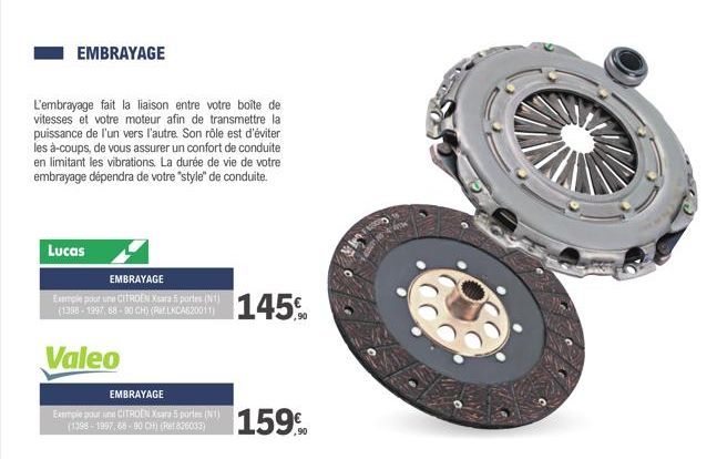 EMBRAYAGE  L'embrayage fait la liaison entre votre boîte de vitesses et votre moteur afin de transmettre la puissance de l'un vers l'autre. Son rôle est d'éviter les à-coups, de vous assurer un confor