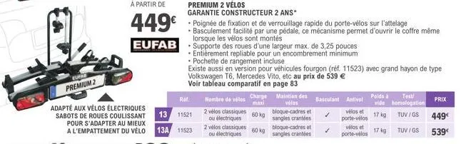 eurar  premium 2  adapté aux vélos électriques sabots de roues coulissant pour s'adapter au mieux a l'empattement du vélo  ref.  13 11521  13a 11523  premium 2 vélos  garantie constructeur 2 ans*  euf