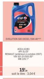 elf  EVOLUTION 15W-40  EVOLUTION 500 DIESEL 15W-40  ACEA A3/B3  API SL/CF  RENAULT (antérieurs à octobre 2007) VW 501.01/505.00 MB 229.1  15%20  soit le litre : 3,04 € 