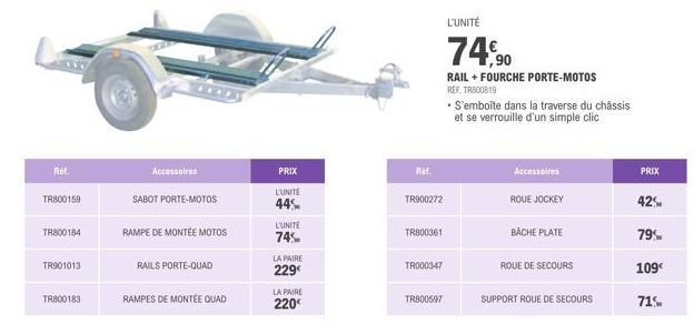 Ref.  TR800159  TR800184  TR901013  TR800183  Accessoires  SABOT PORTE-MOTOS  RAMPE DE MONTÉE MOTOS  RAILS PORTE-QUAD  RAMPES DE MONTÉE QUAD  PRIX  L'UNITE 44%  L'UNITE  74%  LA PAIRE 229  LA PAIRE 22