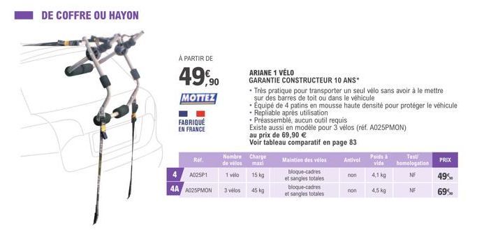 DE COFFRE OU HAYON  À PARTIR DE  49,90  MOTTEZ  FABRIQUÉ EN FRANCE  Rof.  4  A025P1  4A A025PMON  Nombre de vélos  1 vélo  3 vélos  ARIANE 1 VÉLO  GARANTIE CONSTRUCTEUR 10 ANS*  • Très pratique pour t