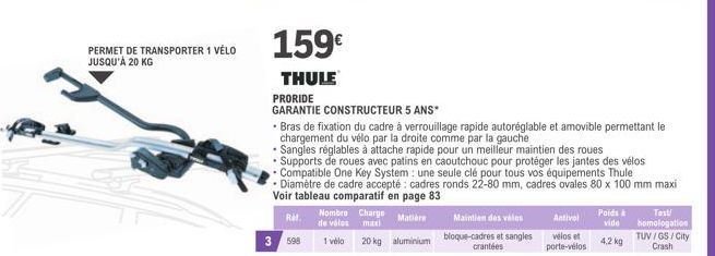 PERMET DE TRANSPORTER 1 VÉLO  JUSQU'À 20 KG  159€  THULE  Ref.  3598  PRORIDE  GARANTIE CONSTRUCTEUR 5 ANS*  Nombre Charge de vélos maxi  1 vélo 20 kg aluminium  Maintien des vélos bloque-cadres et sa