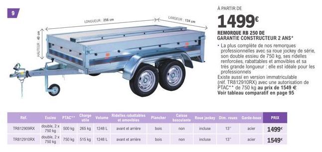 9  RM.  TR812909RX  TR812910RX  HAUTEUR: 40 cm  Essi PTAC  double, 2 x 500 kg 265 kg 750 kg double, 2 x  750 kg  750 kg 515 kg  Charge  utile  LONGUEUR: 256 cm  Volume  1248 L  1248 L  Ridelles rabatt