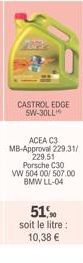 CASTROL EDGE 5W-30LL  ACEA C3 MB-Approval 229.31/ 229.51 Porsche C30 VW 504 00/507.00 BMW LL-04  51%  soit le litre 10,38 € 