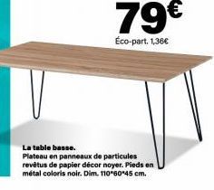 La table basse.  Plateau en panneaux de particules revêtus de papier décor noyer. Pieds en métal coloris noir. Dim. 110*60*45 cm. 