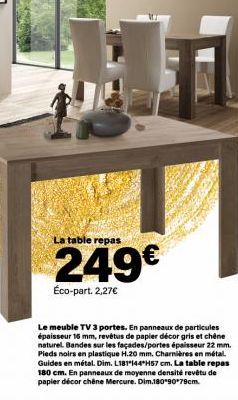 La table repas  249€  Éco-part. 2,27€  Le meuble TV 3 portes. En panneaux de particules épaisseur 16 mm, revêtus de papier décor gris et chêne naturel. Bandes sur les façades/portes épaisseur 22 mm. P