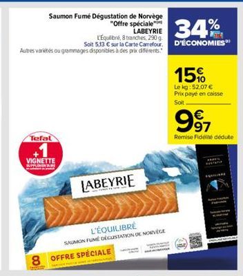 Saumon Fumé Dégustation de Norvège  "Offre spéciale" LABEYRIE  34%  L'Equilibré, 8 tranches, 290 g.  Soit 5,13 € sur la Carte Carrefour. D'ÉCONOMIES" Autres variétés ou grammages disponibles à des pri