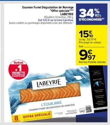 saumon fumé dégustation de norvège  "offre spéciale" labeyrie  34%  l'equilibré, 8 tranches, 290 g.  soit 5,13 € sur la carte carrefour. d'économies" autres variétés ou grammages disponibles à des pri