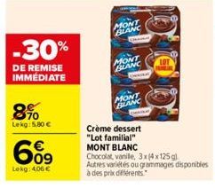 -30%  DE REMISE IMMÉDIATE  8%  Lekg: 5,80 €  6%9  Lokg: 4,06 €  MONT BLANC  MONT BLANC  Crème dessert "Lot familial" MONT BLANC  MONT BLANC  Chocolat vanille, 3x(4x125 g) Autres variétés ou grammages 