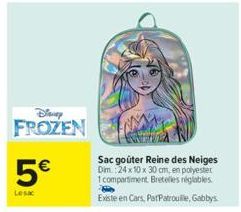 Disney  FROZEN  5€  Lesac  Sac goûter Reine des Neiges Dim.: 24 x 10 x 30 cm, en polyester 1 compartiment. Bretelles réglables.  Existe en Cars, ParPatrouille, Gabbys  