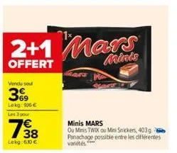 2+1 mars  offert  prints  vendu soul  369  lekg: 916 € les 3 pour  7⁹8  38  lekg: 60€  bm  minis mars ou minis twix ou mini snickers, 403g panachage possible entre les différentes variétés 