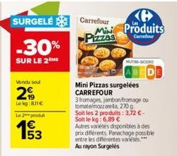 SURGELÉ Carrefour  -30%  SUR LE 2 ME  Vendu soul  2€  Lekg:811€  Le 2 produ  1€  Mi Produits Pizzas Carrefour  NUTRI-SCORE  Mini Pizzas surgelées CARREFOUR  3 fromages, jambon/fromage ou tomatemozzare