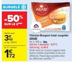 SURGELÉ  -50%  SUR LE 2  Vendu seu  35  Le kg:8,63 €  le produt  192  ARABI  Chicken Burgers  Chicken Burgers halal surgelés ARABI  Par 5, 400 g.  Soit les 2 produits: 5,17 €-Soit le kg: 6,46 €  Exist