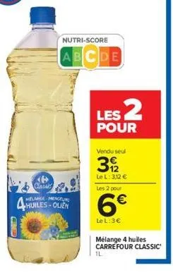 cen  ke glaive  huiles-olien  nutri-score  abcde  les 2  pour  vendu seul  39/2  le l: 3,12 €  les 2 pour  6€  le l: 3€  mélange 4 huiles carrefour classic  1l 