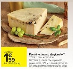 Les 100 g  1959  Sot 15.90 €le kg  Pecorino pepato stagionato 33% MG dans le produit fint Disponible au même prix en pecorino pepeto fresco, 32% M.G. dans le produit fini Cesfromages sont aulat pesteu