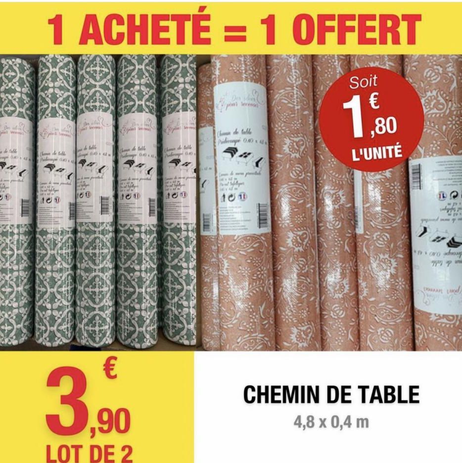 www.  de table  (  1 ACHETÉ = 1 OFFERT  Soit €  Chemin de Will  P04  101  pas  lecom  do table  101  Epis  Chmen de table pridg 0400  (  100  €  9,90  LOT DE 2  MINATA  Colle  Ch Predag 0.40  (  TILBA