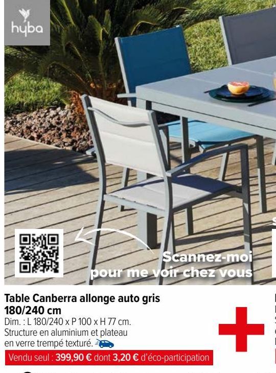TABLE CANBERRA ALLONGE AUTO GRIS 180/240CM