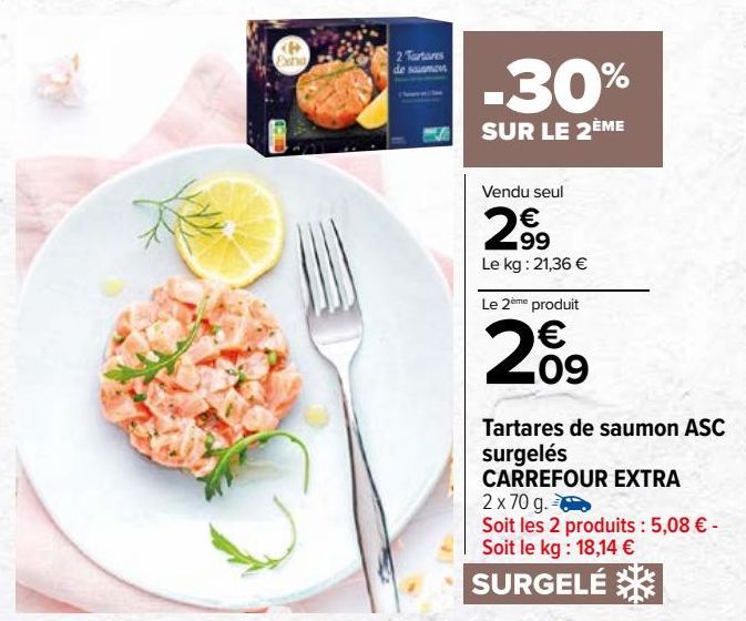 Tartares de saumon ASC surgelés Carrefour Extra