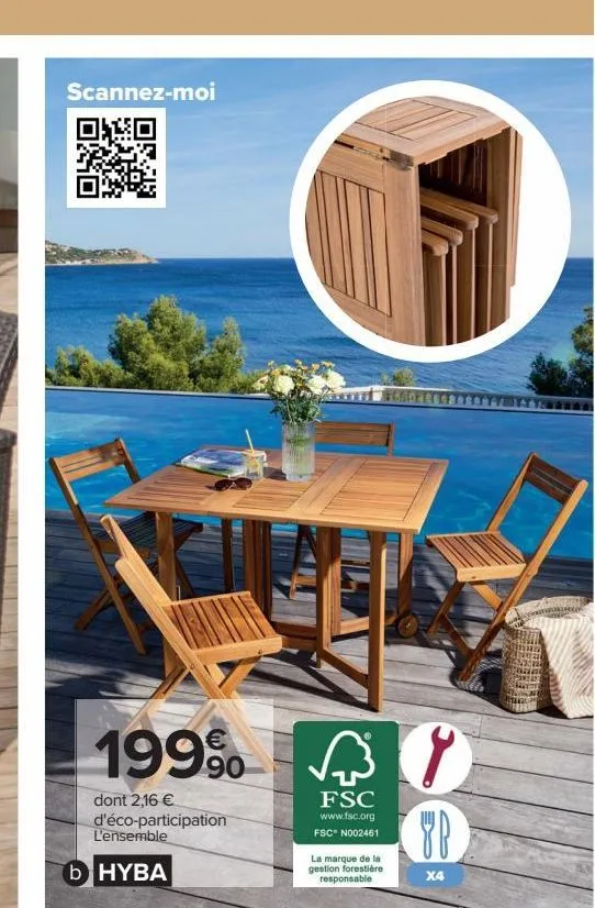 ensemble balcon acacia 1 table +  4 chaises