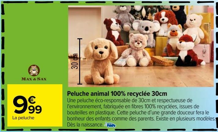 peluche animal 100% recyclée 30cm