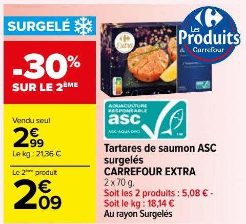 Tartares de saumon ASC surgelés Carrefour Extra