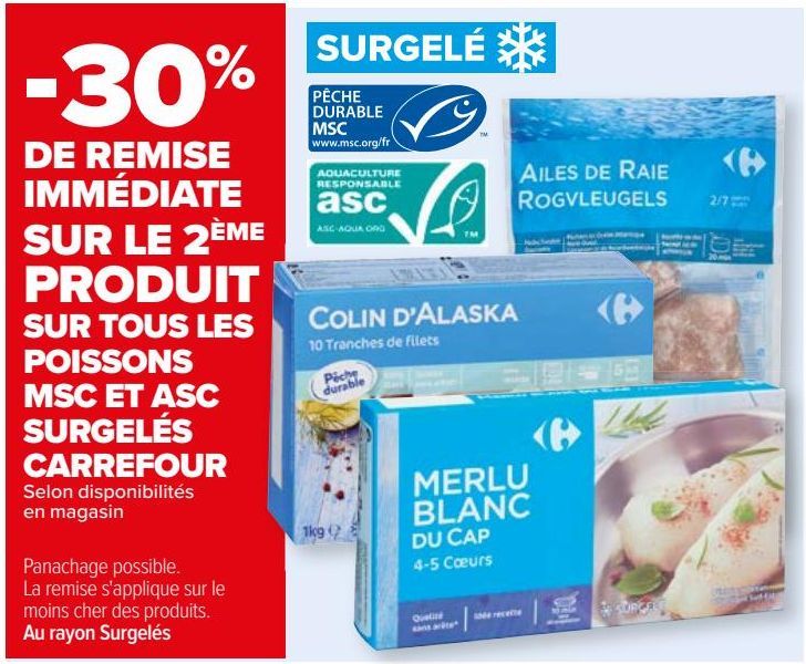 TOUS LES POISSONS MSC ET ASC SURGELES CARREFOUR