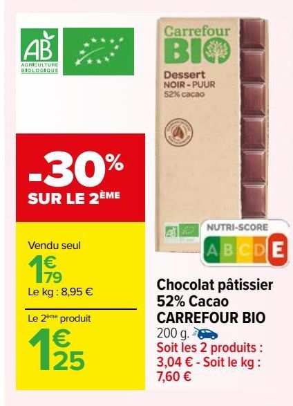 CHOCOLAT PATISSIER 52% CACAO CARREFOUR BIO