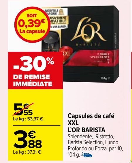 CAPSULES DE CAFE XXL L'OR BARISTA