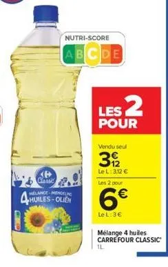 b classic  huiles-olien  nutri-score  abcde  les 2  pour  vendu seul  39/2  le l: 3,12 €  les 2 pour  6€  le l: 3€  mélange 4 huiles carrefour classic  1l 