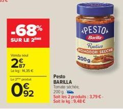 -68%  SUR LE 2THE  Vendu sou  297  Le kg: 1,35 €  Le 2 podl  092  PESTO  Barilla  Rustico  POMODORI SECCHI  200 g  Pesto BARILLA Tomate séchée, 200 g  Soit les 2 produits: 3,79 €-Soit le kg:9,48 € 