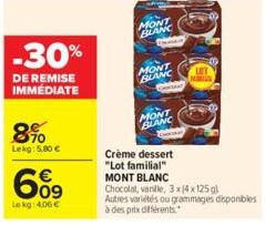 -30%  DE REMISE IMMÉDIATE  8%  Lekg: 5,80 €  609  Lekg: 4.06 €  MONT BLANC  MONT BLANC  MONT BLANC  LOT  M  Crème dessert "Lot familial" MONT BLANC Chocolat, vanille, 3 x(4x125 gl  Autres variétés ou 