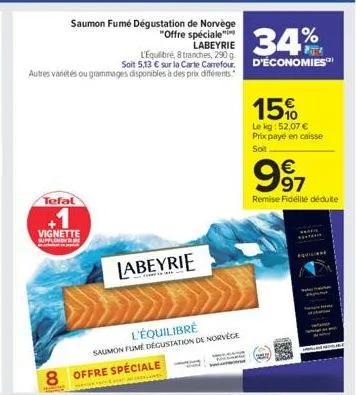 saumon fumé dégustation de norvège  "offre spéciale" labeyrie  34%  l'equilibré, 8 tranches, 290 g.  soit 5,13 € sur la carte carrefour d'économies™ autres variétés ou grammages disponibles à des prix