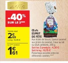 de Fête  -40%  SUR LE 2THE  Vendu seul  269  Lokg: 13,45 €  Le 2 produ  €  Œufs ESPRIT  DE FÊTE  Aux éclats de biscuit Saveur caramel  aux éclats de caramel, Coeur au lait  ou Eufs pétillants, 200 g  