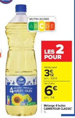 B Classic  HUILES-OLIEN  NUTRI-SCORE  ABCDE  LES 2  POUR  Vendu seul  39/2  Le L: 3,12 € Les 2 pour  6€  Le L: 3€  Mélange 4 huiles CARREFOUR CLASSIC  1L 