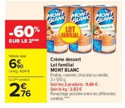 -60%  SUR LE 2 ME  Vindu seul  6%  Lekg: 4,04 €  Le 2 produt  2⁹6  MONT  BLANC MONT  BLANC MONT BLANC PRALINE  LOT FAMILIAL  Crème dessert  Lot familial  MONT BLANC  Praline, caramel chocolat ou vanil