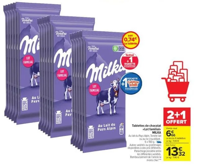 tendre  mai  lot familial  au li pays  tendre  lot familial  au l pay  tendre  au lait du  pays alpin  cacao le  soit  0,74€  la tablette  h  milka  lot familial  tefal  vignette  pochette  coffee  ta